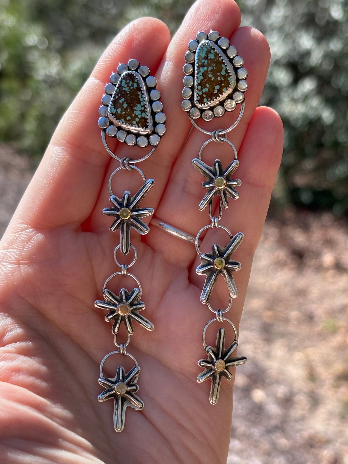 Handmade Silver and 14k Gold-fill Star Dangle Earrings with Nevada #8 Turquoise