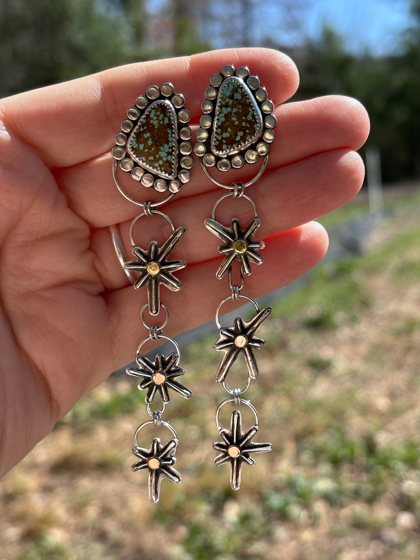 Handmade Silver and 14k Gold-fill Star Dangle Earrings with Nevada #8 Turquoise
