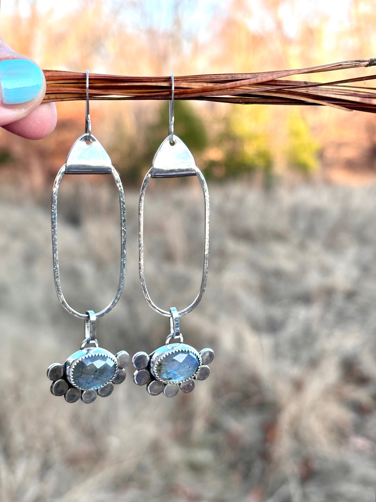 Handmade Hammered Silver Hoop Earrings with Labradorite Gemstones