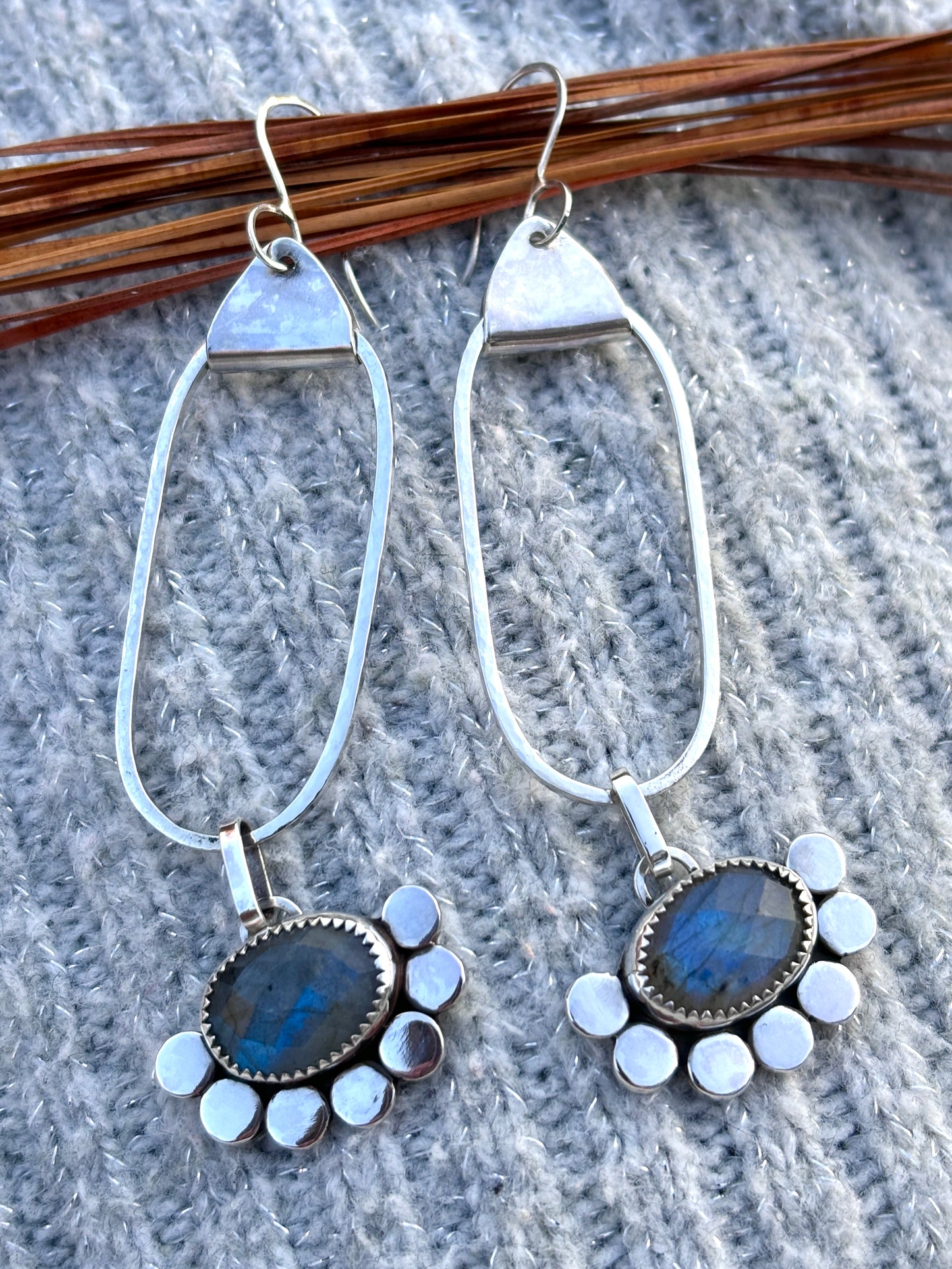 Handmade Hammered Silver Hoop Earrings with Labradorite Gemstones