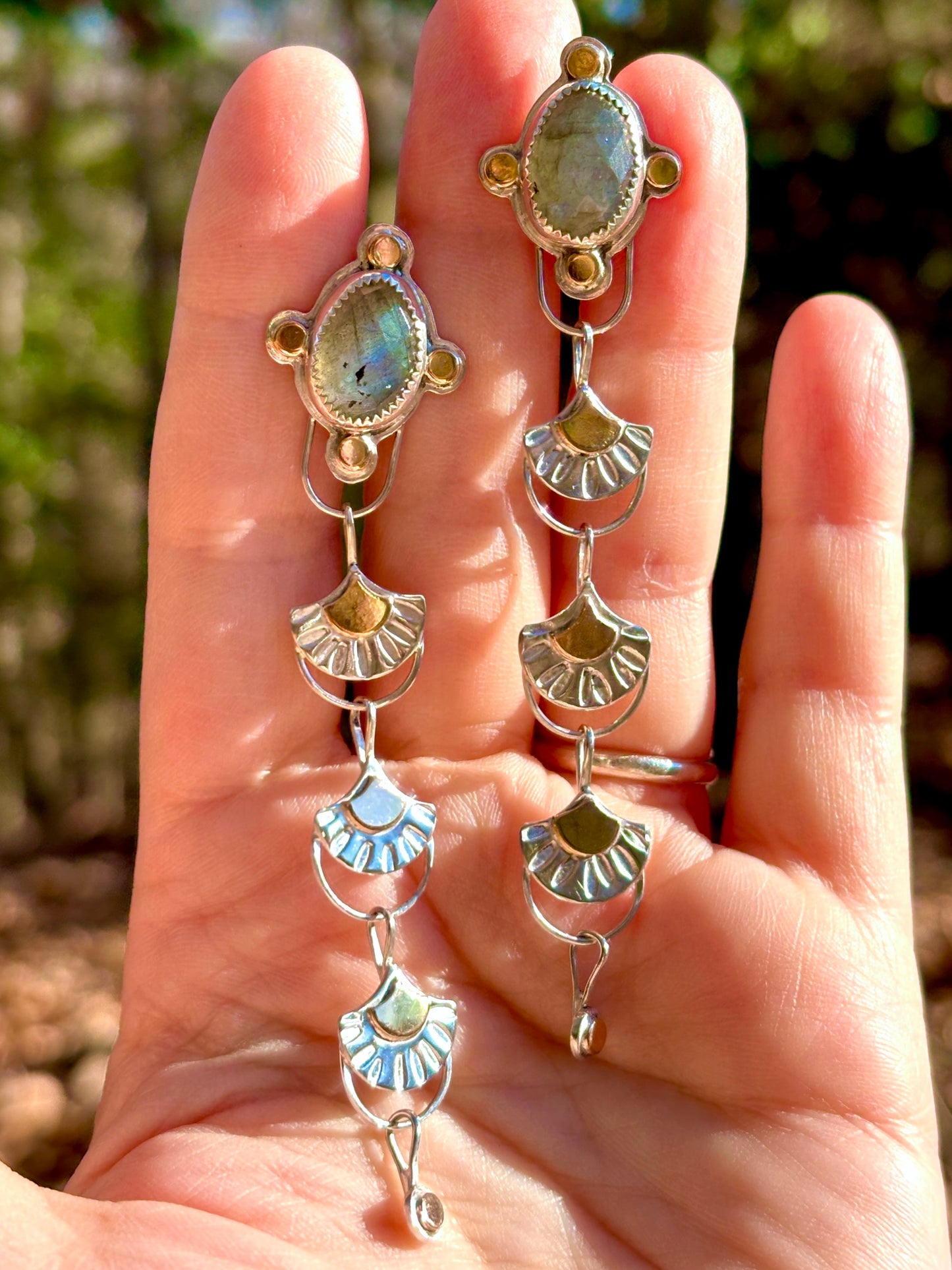 Handmade Stamped Silver and 14k Gold-fill Fan Charm Dangle Earrings