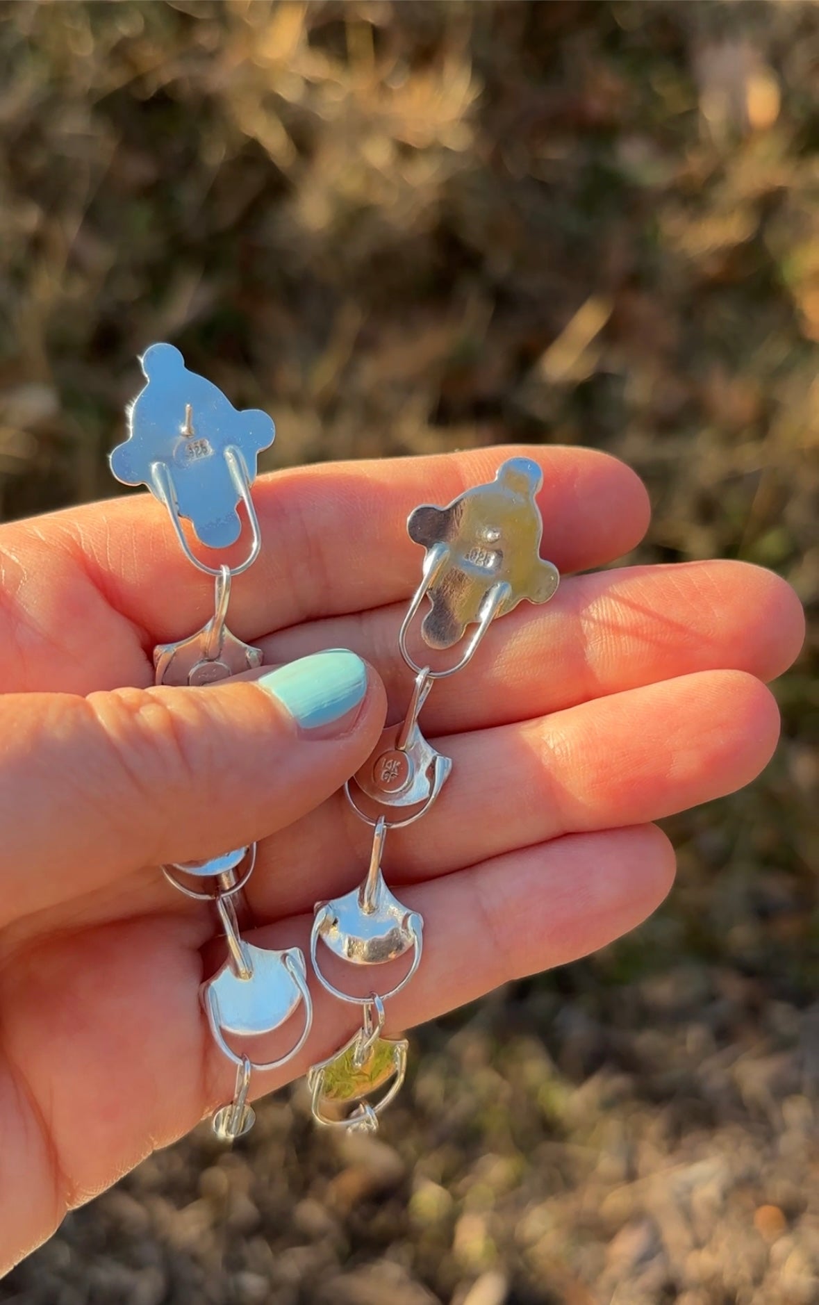 Handmade Silver and 14k Gold-fill Fan Charm Earrings with Labradorite