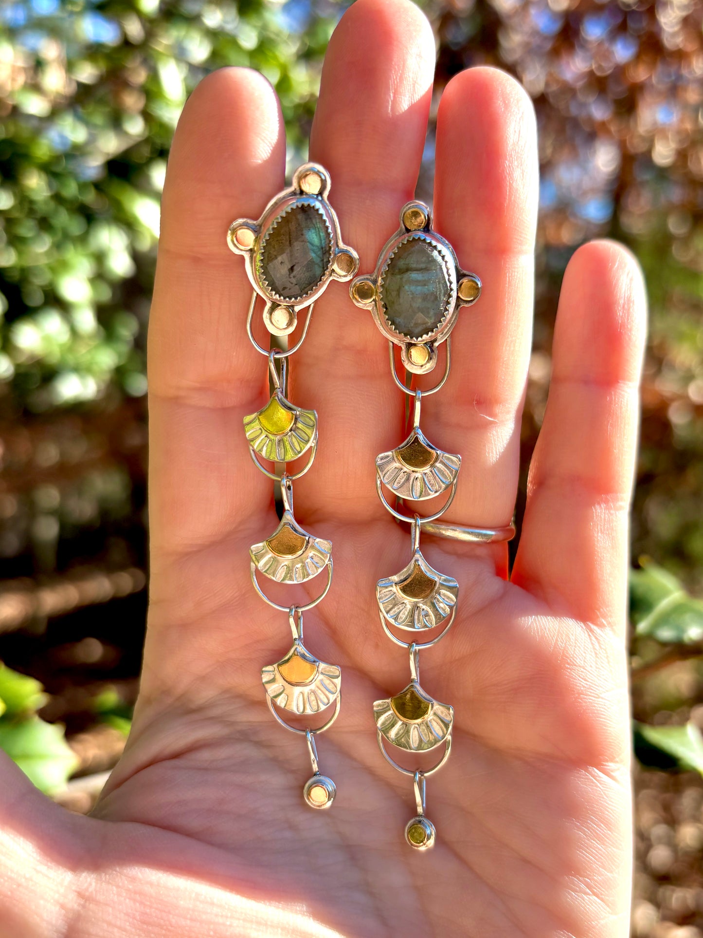 Handmade Stamped Silver and 14k Gold-fill Fan Charm Drop Dangle Earrings with Labradorite