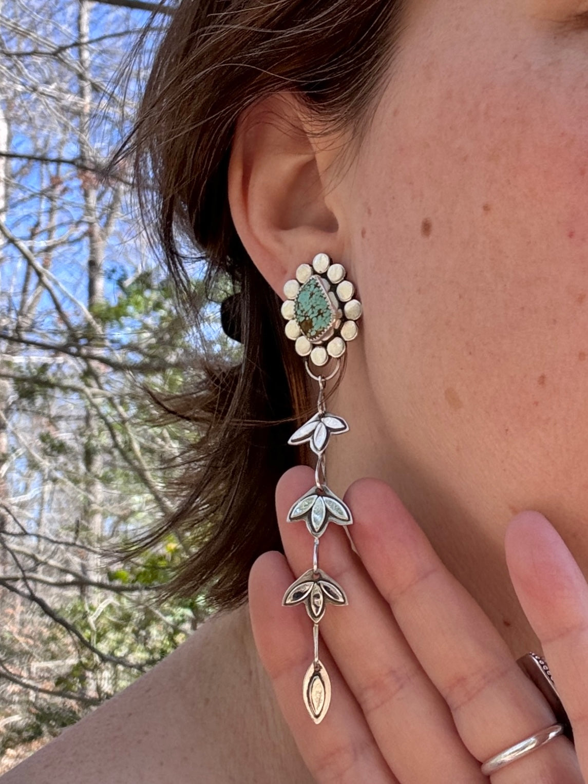 Handmade Silver Petal Bundle Drop Earrings with Nevada #8 Turquoise