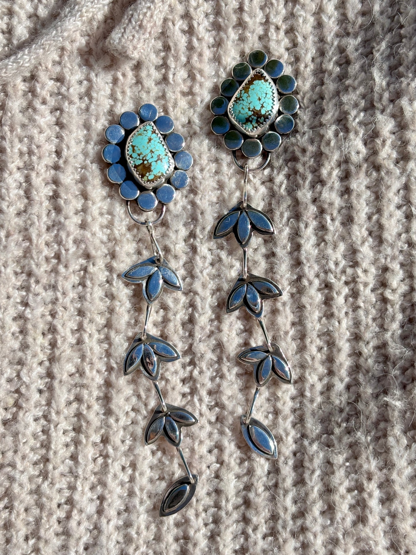 Handmade Silver Petal Bundle Drop Earrings with Nevada #8 Turquoise