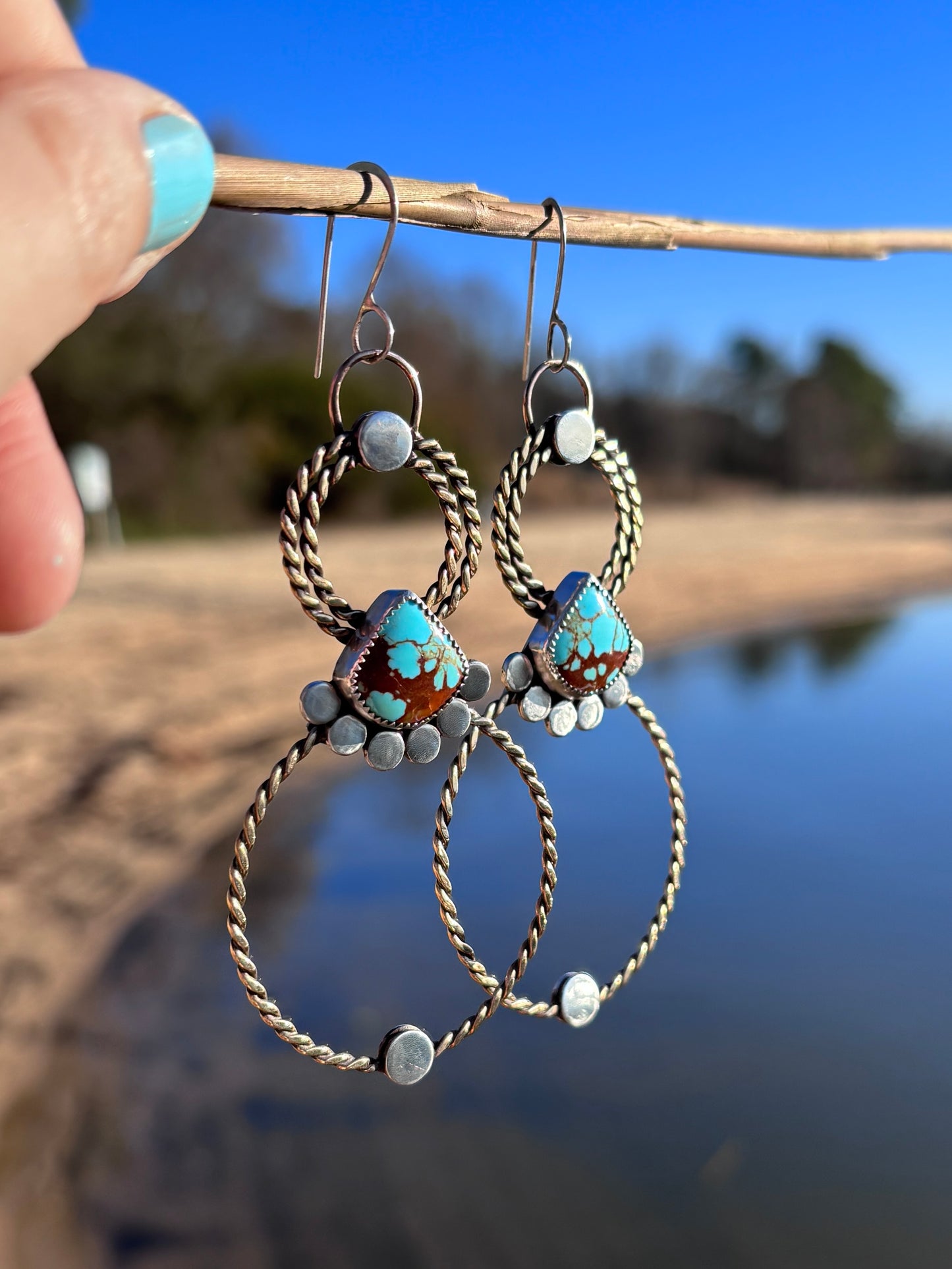 Handmade Brass Rope Hoop Earrings with Sterling Silver and Nevada #8 Turquoise