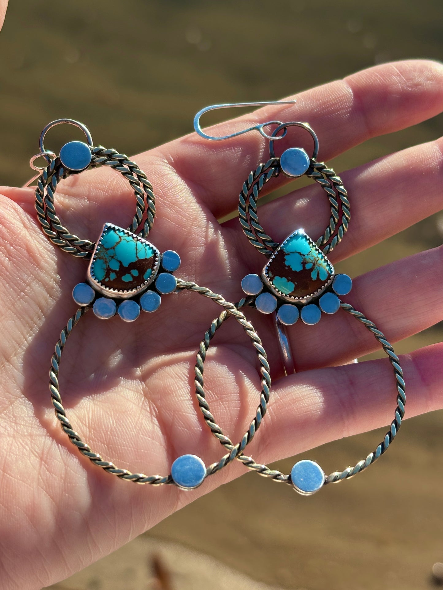 Handmade Brass Rope Hoop Earrings with Sterling Silver and Nevada #8 Turquoise