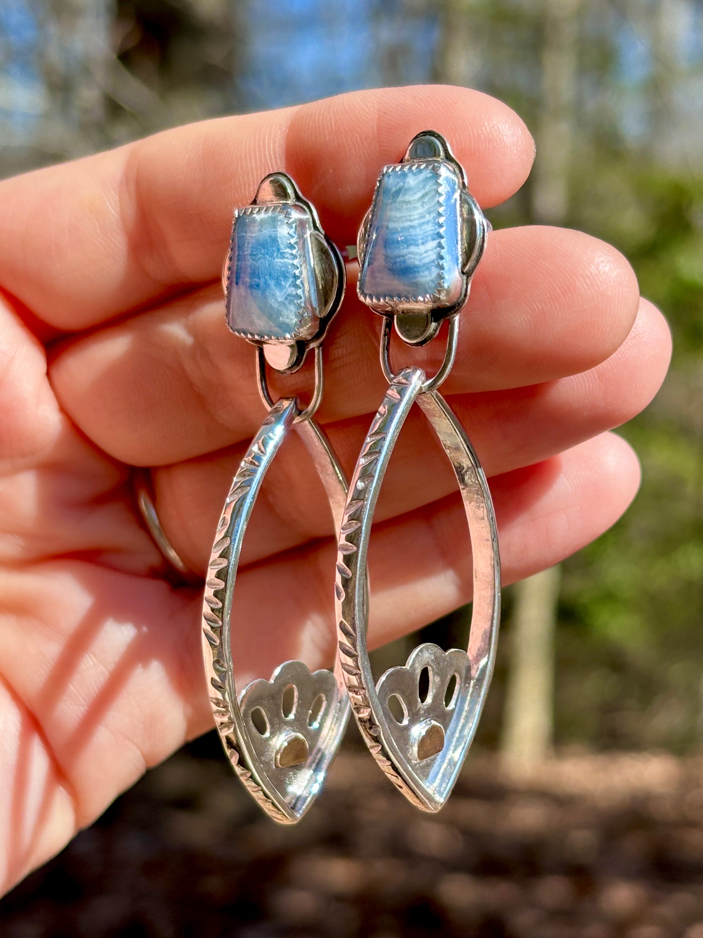 Handmade Sterling Silver Stamped Marquise Hoop Earrings with Turkish Blue Lapis Lace Gemstones and 14k Gold-fill Accents