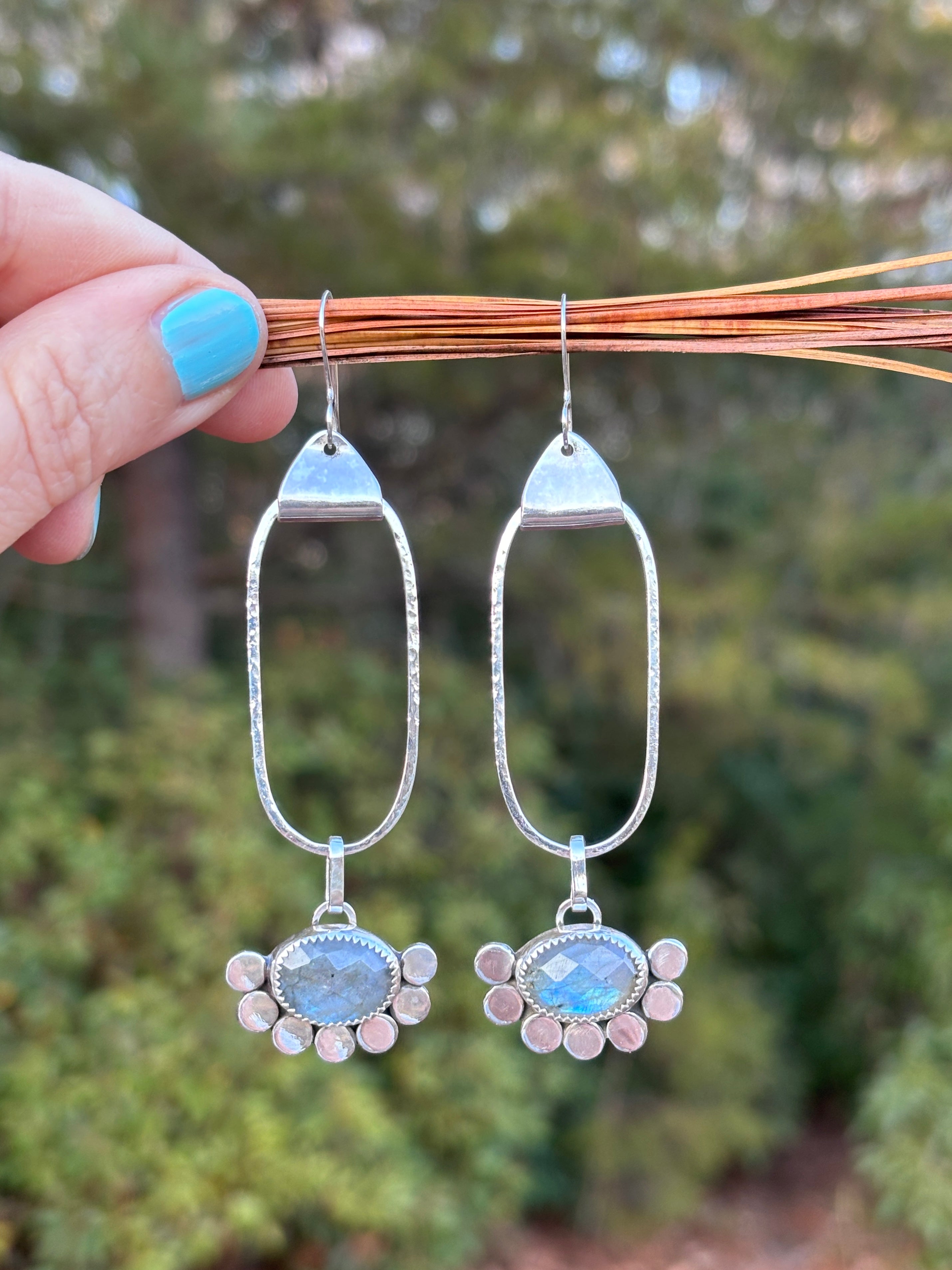 Handmade Hammered Silver Hoop Earrings with Labradorite Gemstones