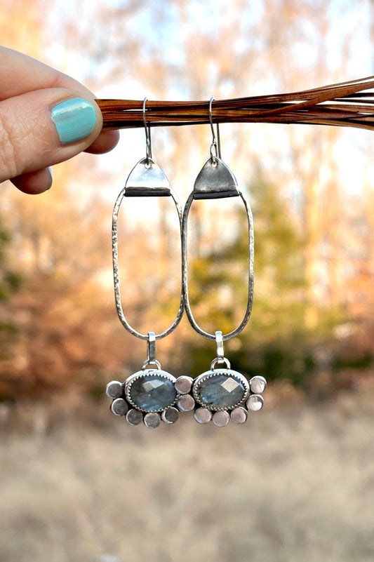 Handmade Hammered Silver Hoop Earrings with Labradorite Gemstones