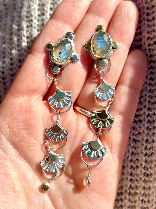 Handmade Stamped Silver and 14k Gold-fill Fan Charm Drop Dangle Earrings with Labradorite